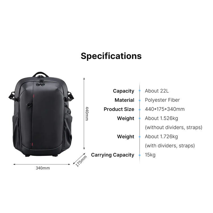 Black camera backpack with 22L capacity and dimension diagram