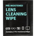 Pre-moistened lens cleaning wipe packet, contains 1 wipe
