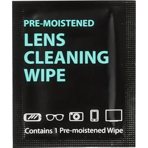 Pre-moistened lens cleaning wipe packet, contains 1 wipe