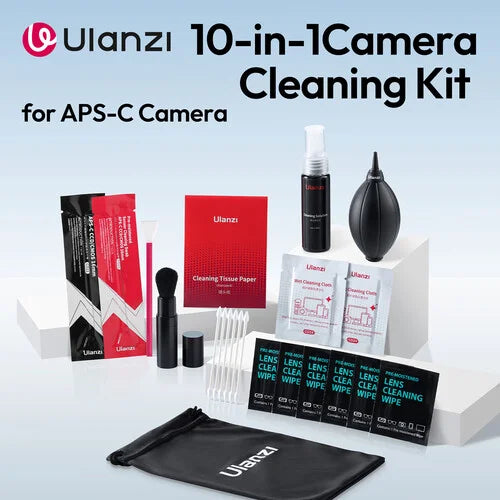 10-in-1 camera cleaning kit with cloth, wipes, blower, spray, swabs, and cleaning paper
