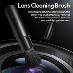 Compact retractable lens cleaning brush with soft bristles