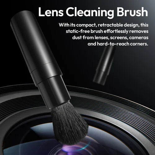 Compact retractable lens cleaning brush with soft bristles