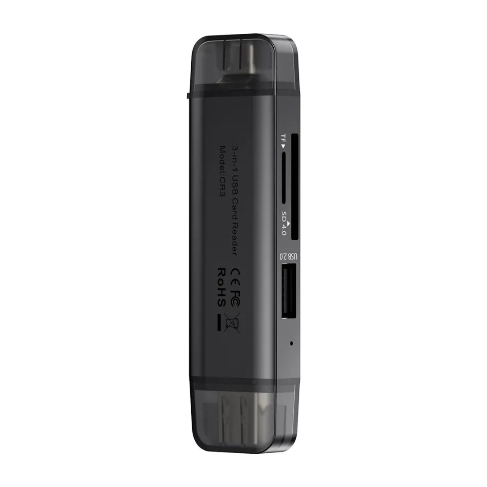3-in-1 card reader side view with USB-C port and card slot, dark gray