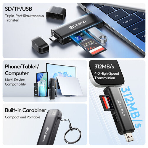 Black 3-in-1 card reader with USB-A, SD/TF slots and attached carabiner clip
