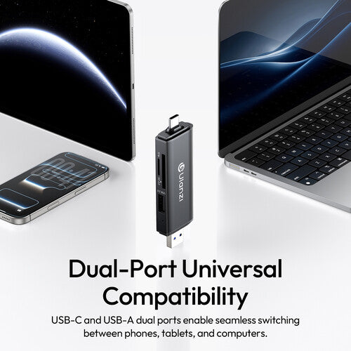 Black card reader with USB-C and USB-A dual connectors plus SD/TF slot
