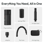 Ulanzi fog machine kit with black unit, storage bag, adapter, flexible hose, and sponge filter.