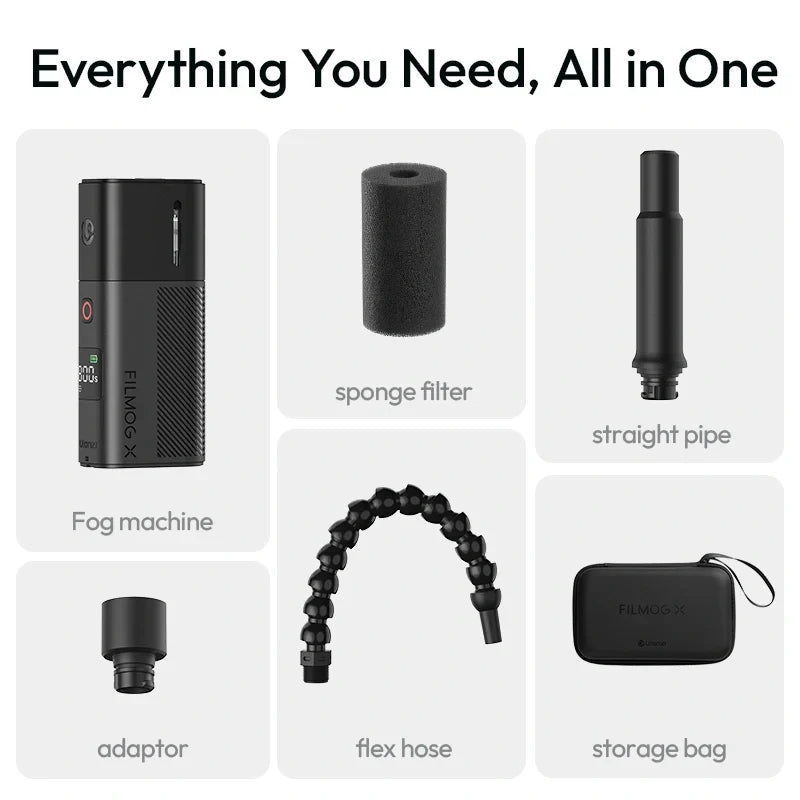 Ulanzi fog machine kit with black unit, storage bag, adapter, flexible hose, and sponge filter.