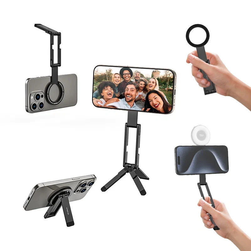 Foldable phone tripod with clamp, extendable legs, and keychain remote