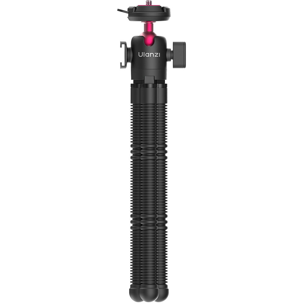 Compact tabletop tripod with pink top plate and four black spring legs