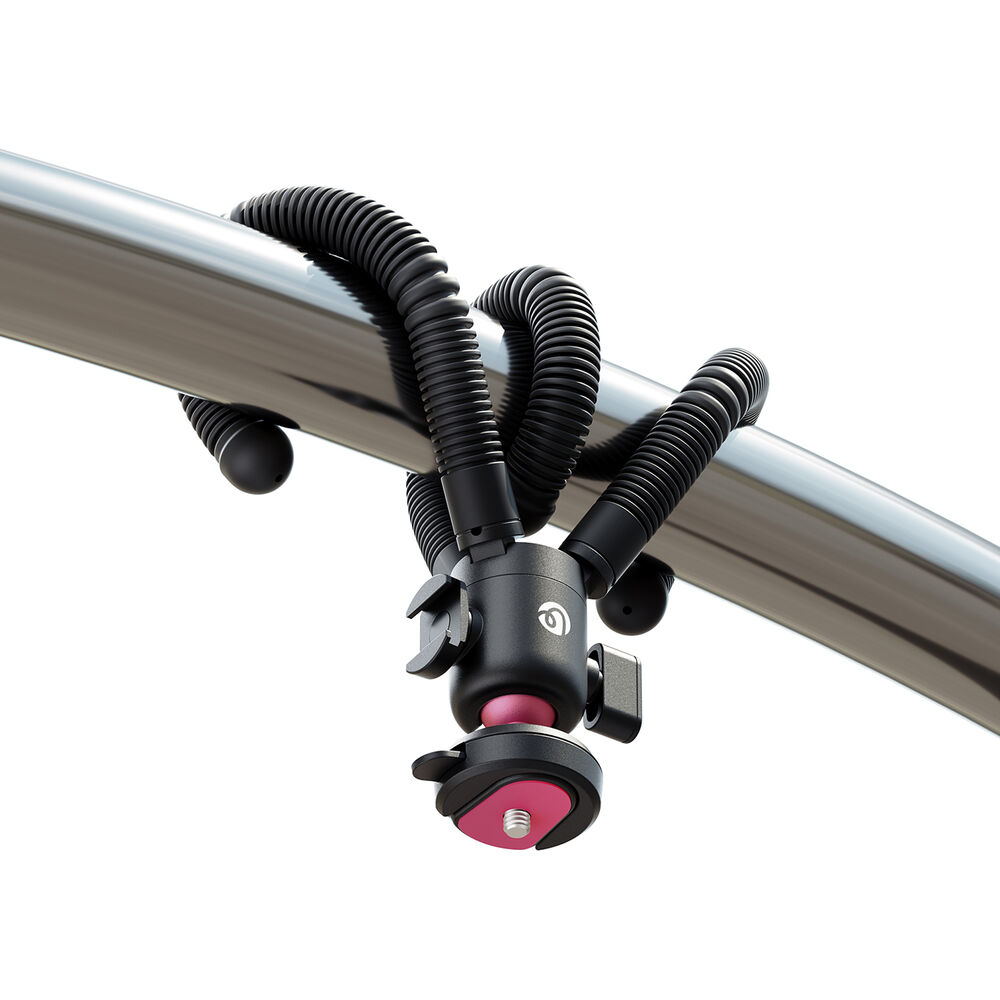 Clamp mount tripod with black flexible legs and pink circular base plate