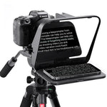 Foldable teleprompter on camera mount, black angled display with text panel