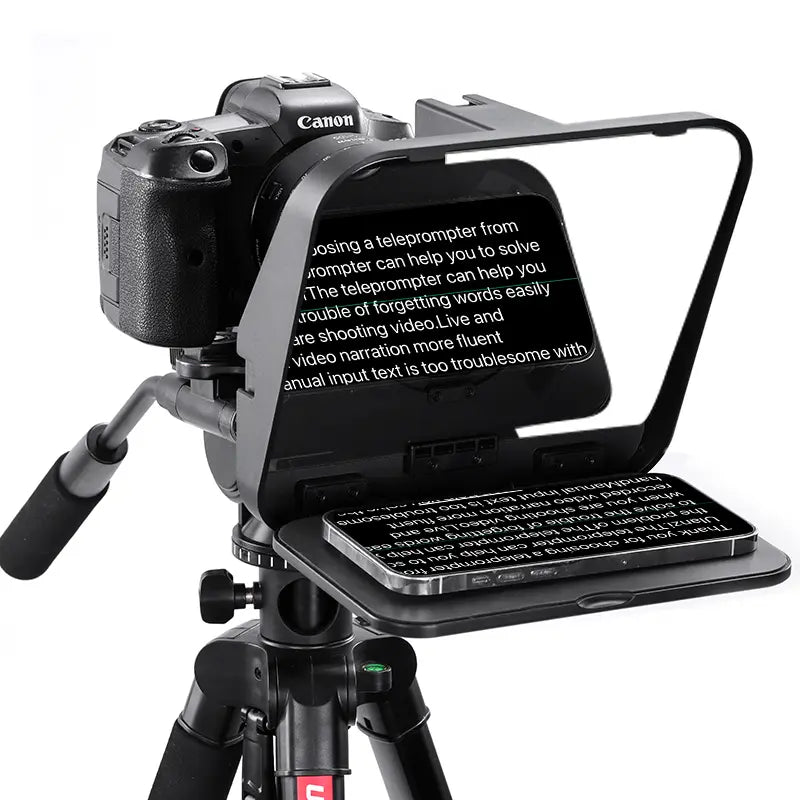 Foldable teleprompter on camera mount, black angled display with text panel