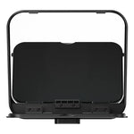 Foldable teleprompter front view, black hood with covered display