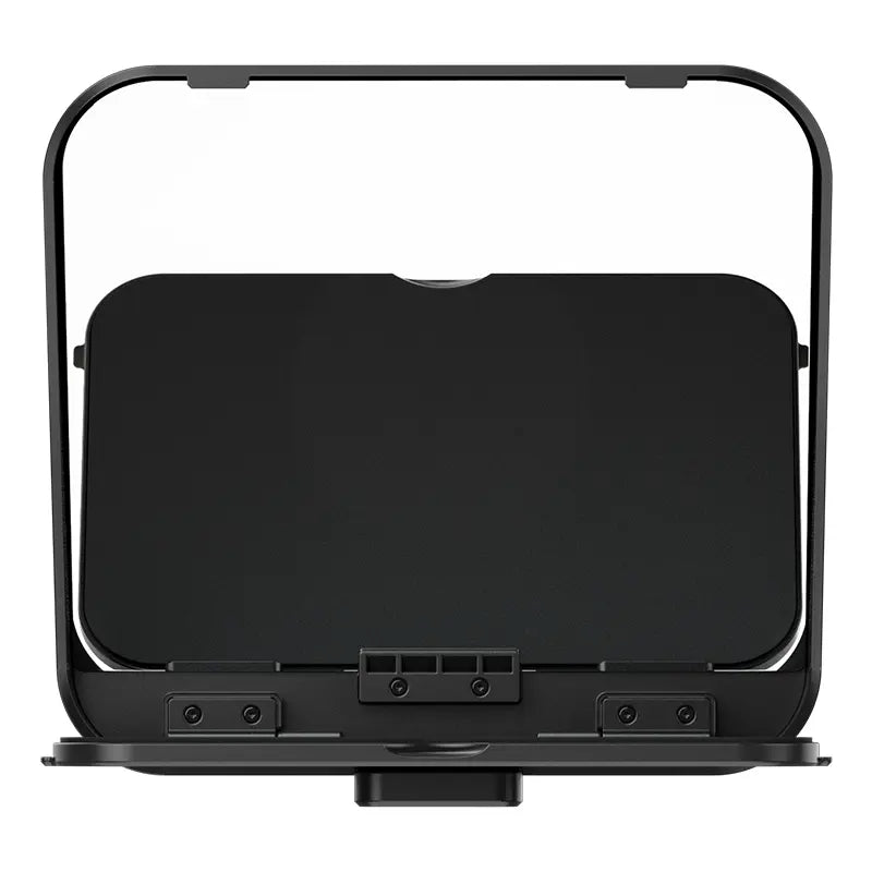 Foldable teleprompter front view, black hood with covered display