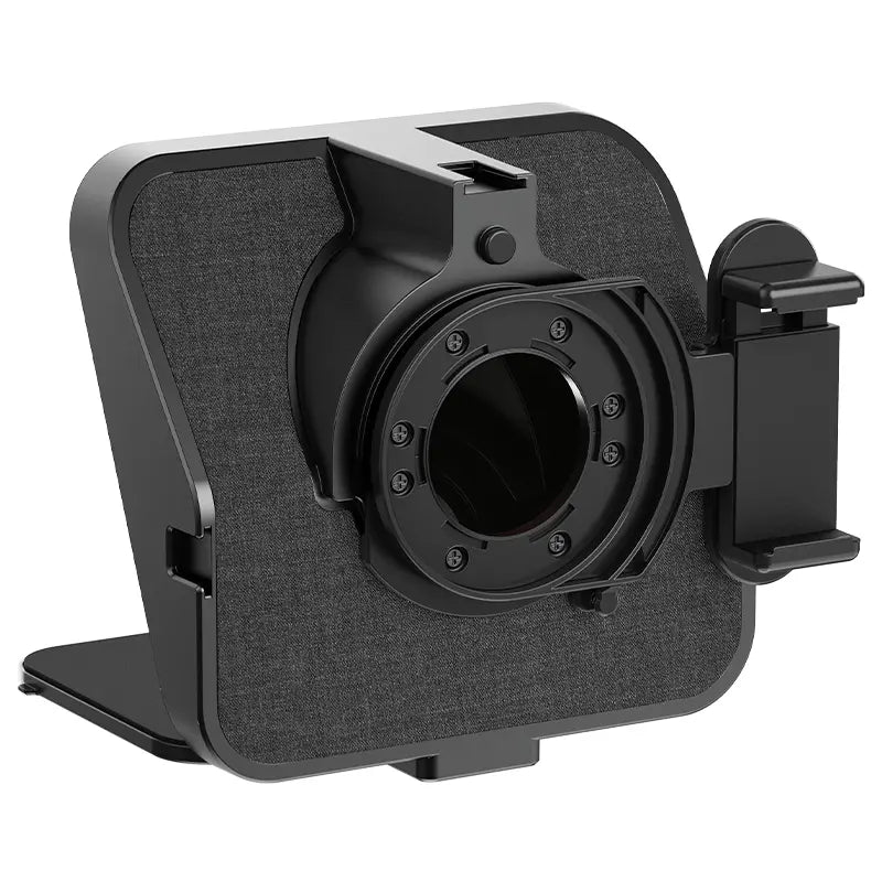 Ulanzi foldable teleprompter side view, textured cover and camera mount
