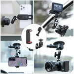 Black extended vacuum suction cup mount with adjustable arm and red release tabs.