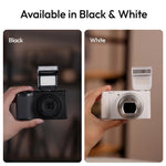 Camera-mounted external flash shown on a compact camera; black and white versions