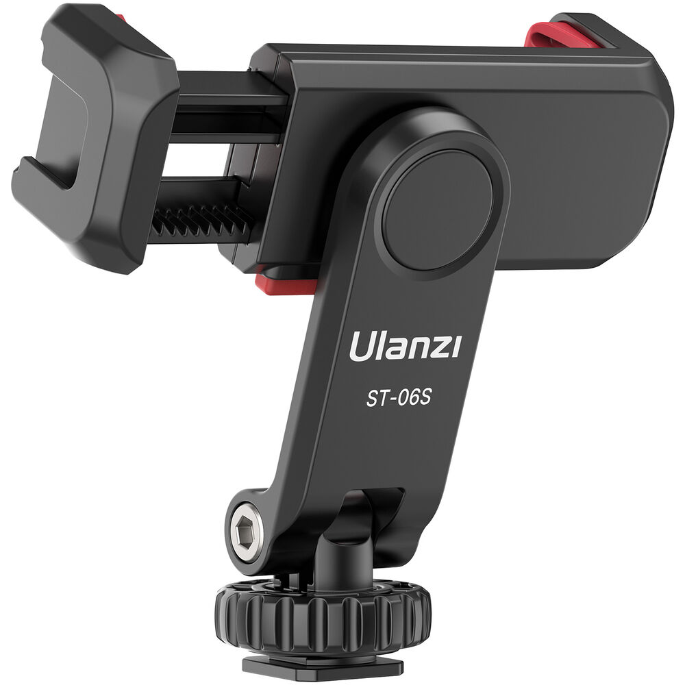 Black cold shoe phone clamp with side grip and round control dial
