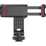 Black phone clamp cold-shoe mount with top bar and knurled base