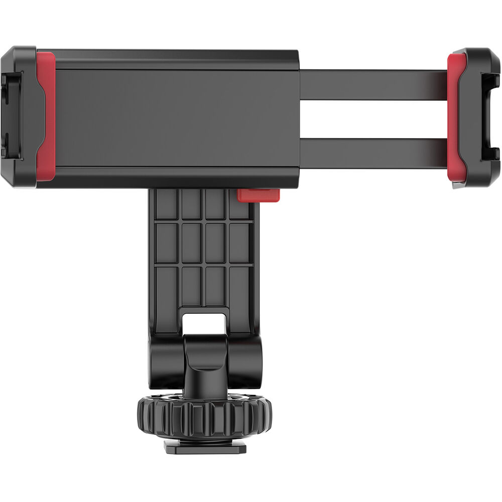 Black phone clamp cold-shoe mount with top bar and knurled base