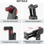 Black phone clamp with red non-slip silicone pad and enlarged adjustment buttons