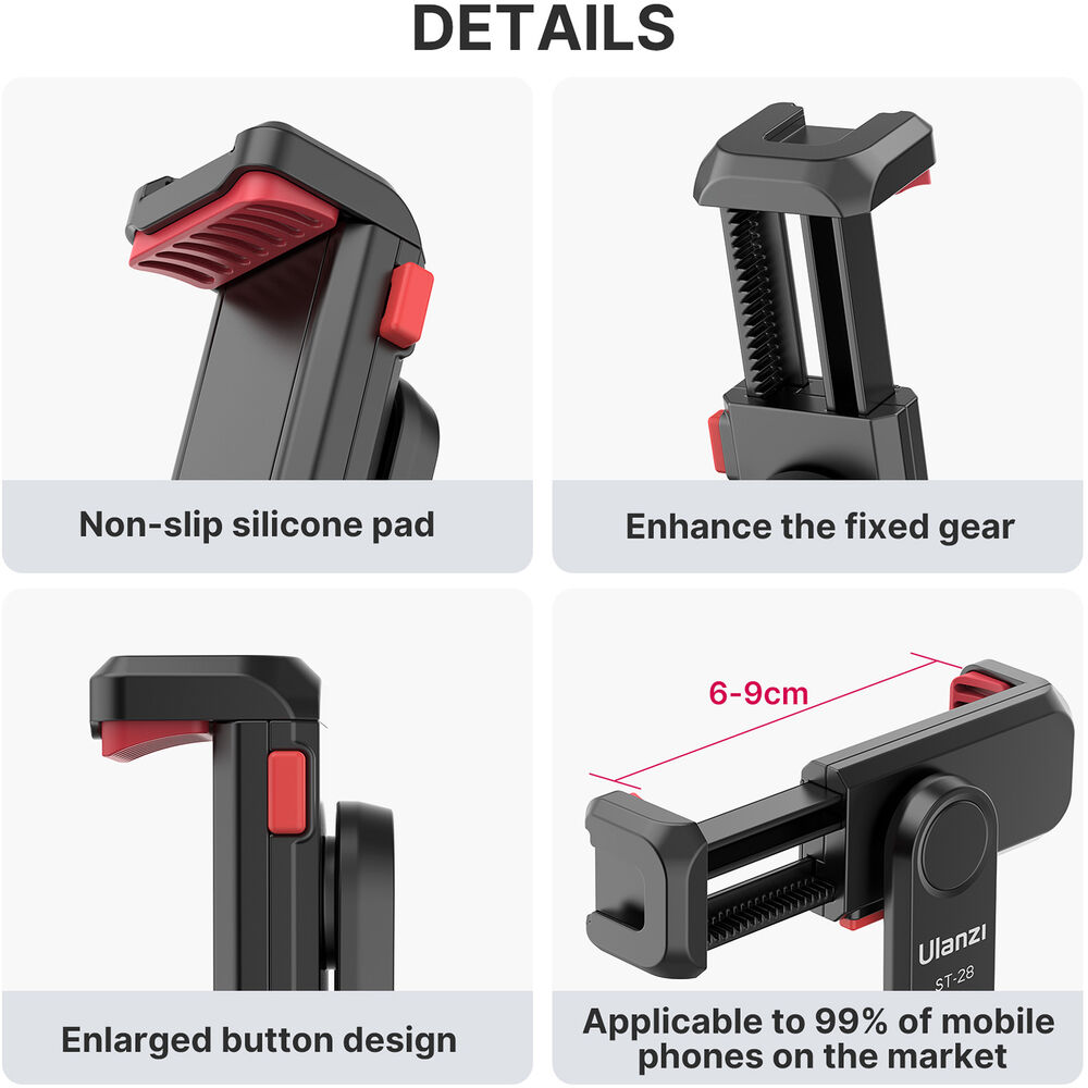 Black phone clamp with red non-slip silicone pad and enlarged adjustment buttons