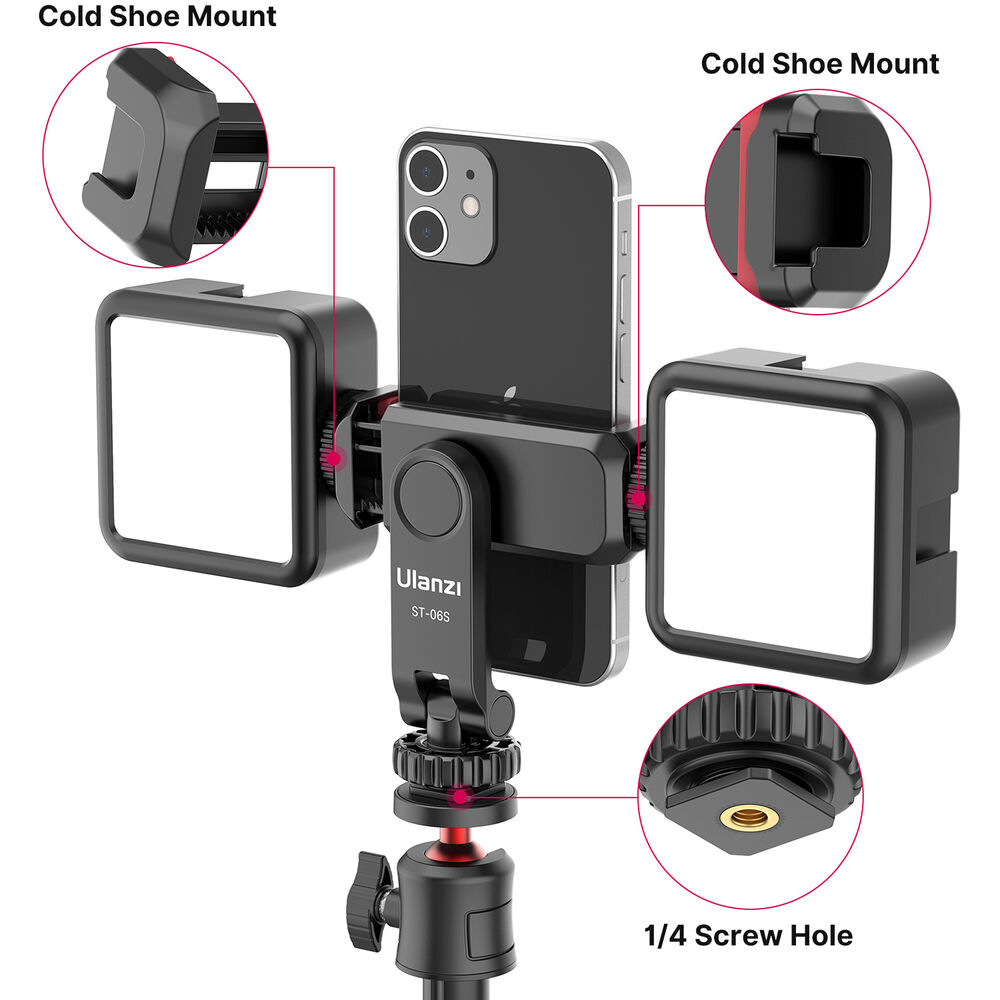 Black cold shoe phone mount with side frames and visible 1/4 screw hole