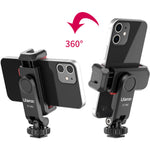 Black dual-sided phone clamp mount with 360° swivel motion arrow