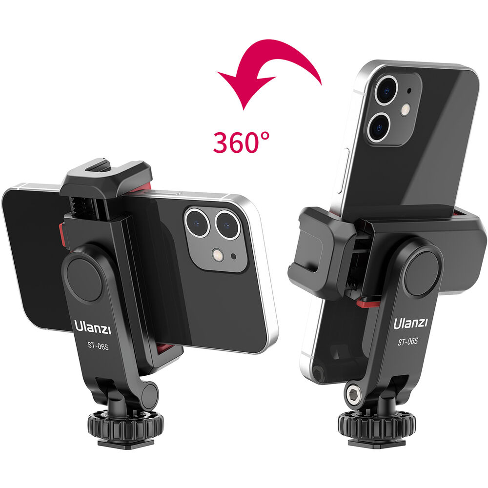 Black dual-sided phone clamp mount with 360° swivel motion arrow
