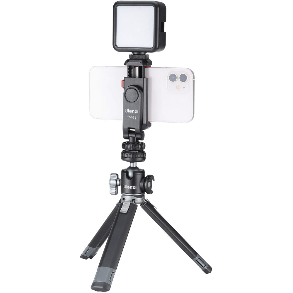 Black cold shoe phone clamp holding a phone with square light panel and tripod legs