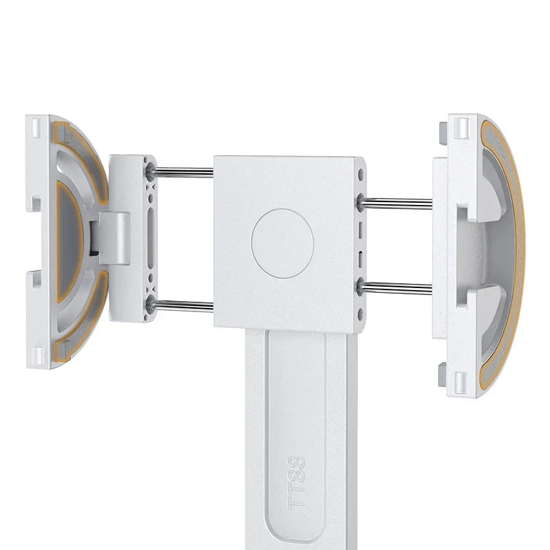 Overhead MagSafe selfie stick overhead clamp with circular arms, white metal frame