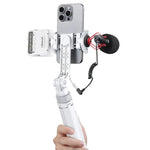 Overhead MagSafe selfie stick with phone holder and attached microphone, white