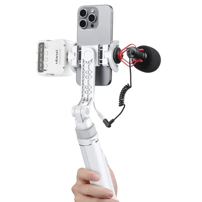 Overhead MagSafe selfie stick with phone holder and attached microphone, white