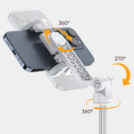Overhead MagSafe selfie stick rotation angles, 360° pivot head and base mount
