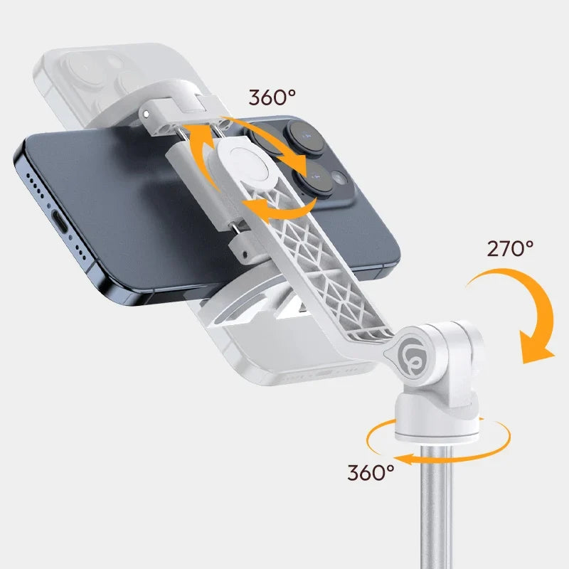 Overhead MagSafe selfie stick rotation angles, 360° pivot head and base mount