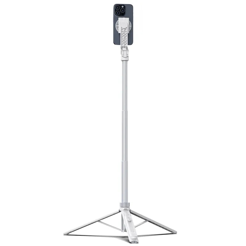 Overhead MagSafe selfie stick with tripod base, extended pole and phone mount, white
