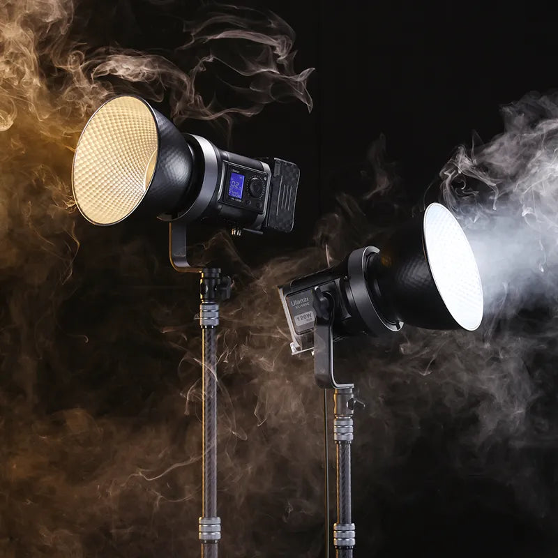 Ulanzi RGB V-mount COB LED video lights, two units with front diffusers on stands