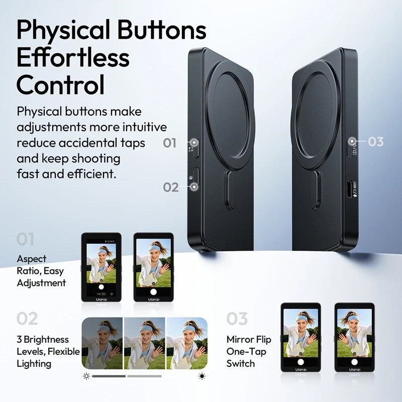 Black vlog selfie monitor with physical buttons for brightness and mirror flip