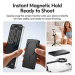 Selfie monitor with magnetic hold securely snapping onto smartphone for filming