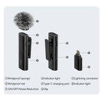 Black wireless mic transmitter with windscreen, indicator light, and Type-C charging port