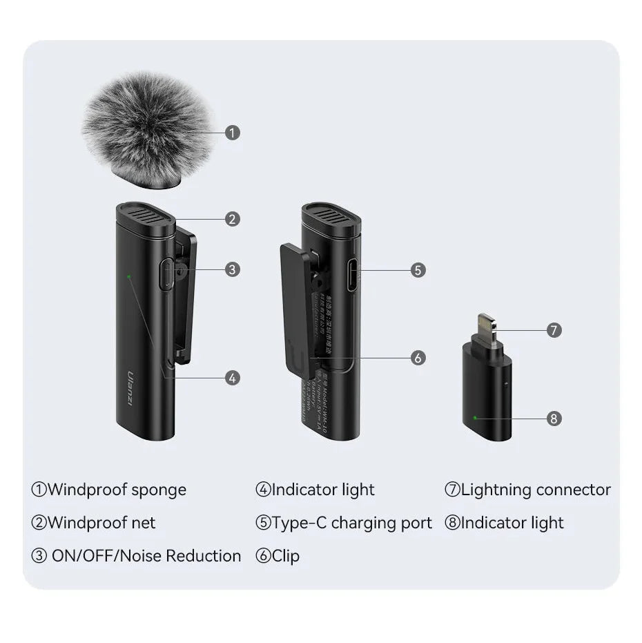 Black wireless mic transmitter with windscreen, indicator light, and Type-C charging port