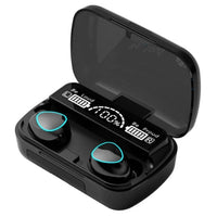 Black wireless earbuds in charging case with glowing status rings