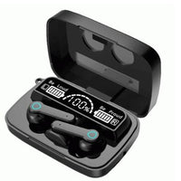 M19 earbuds in black charging case, open lid with two earbuds inside