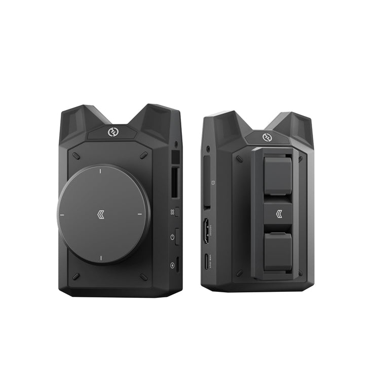 Wireless video transmitter system with black housing, front control dial and ports panel