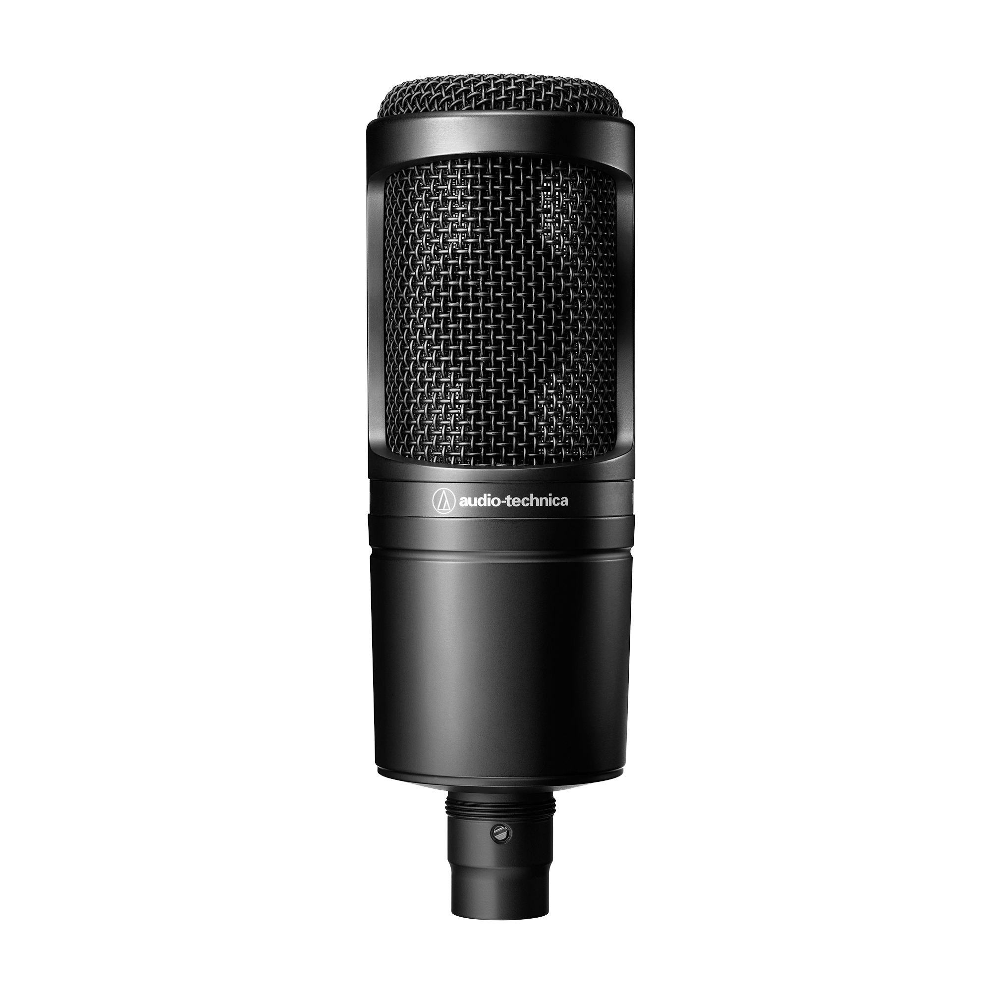 Audio-Technica AT2020 cardioid condenser microphone, black grille and body
