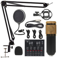 Podcast mic set with boom arm, pop filter, sound card, shock mount, cables, foam windscreen