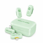 Mint green wireless microphone kit with charging case, two clip-on transmitters, and charging cable.