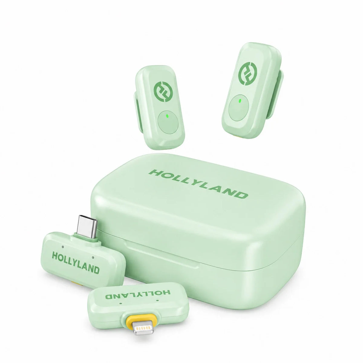 Mint green wireless microphone kit with charging case, two clip-on transmitters, and charging cable.