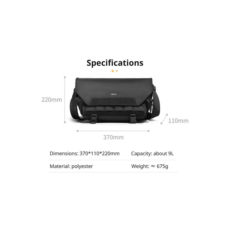 Black sling bag with front flap; 370mm size shown and about 9L capacity