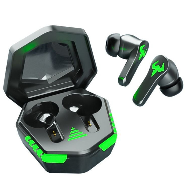 Black earbuds standing upright beside open charging case with green light bar